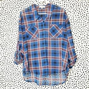 Umgee Plaid Quarter Sleeve Button Down Blouse